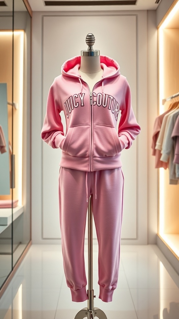 A fashionable pink tracksuit by Juicy Couture displayed in a modern setting.